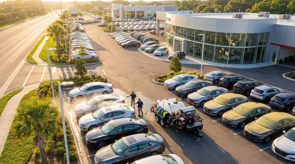 Aerial drone view of the Pressure Washing Titans crew rinsing pollen off a dealership front line in Orlando, FL