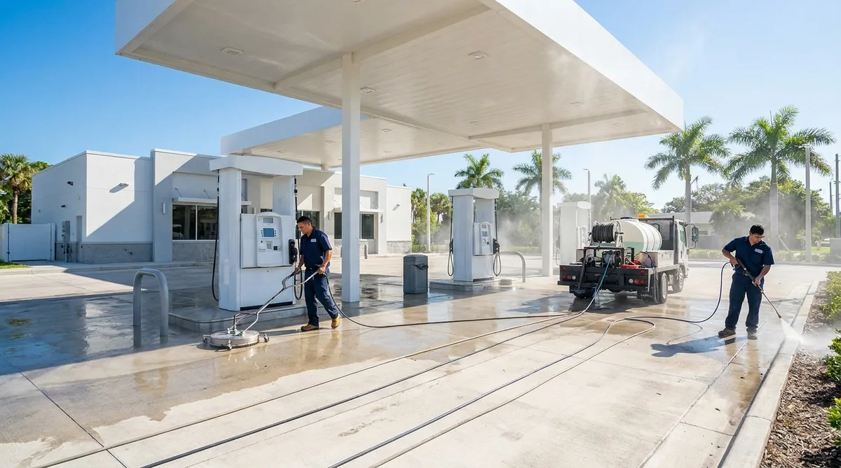 Commercial pressure washing crew cleaning a gas station pump area and concrete in Orlando