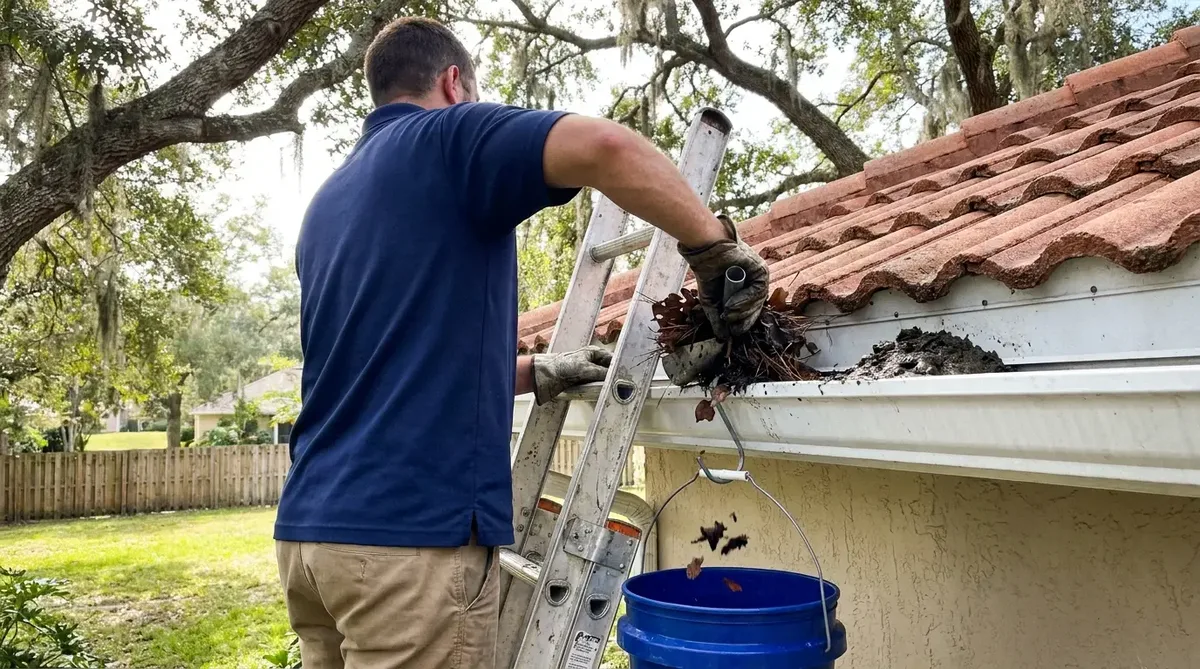 Technician on a ladder scooping wet leaves and debris from a rain gutter during gutter cleaning in Orlando, FL