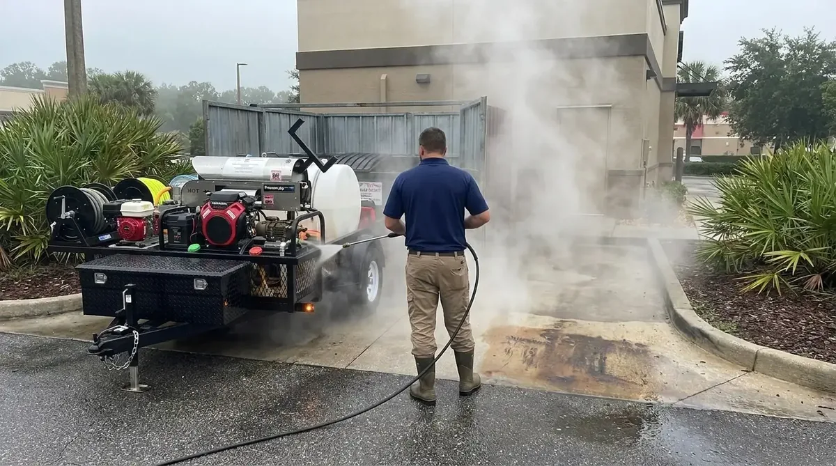 Technician hot water pressure washing a grease-stained dumpster pad behind a commercial building with steam rising