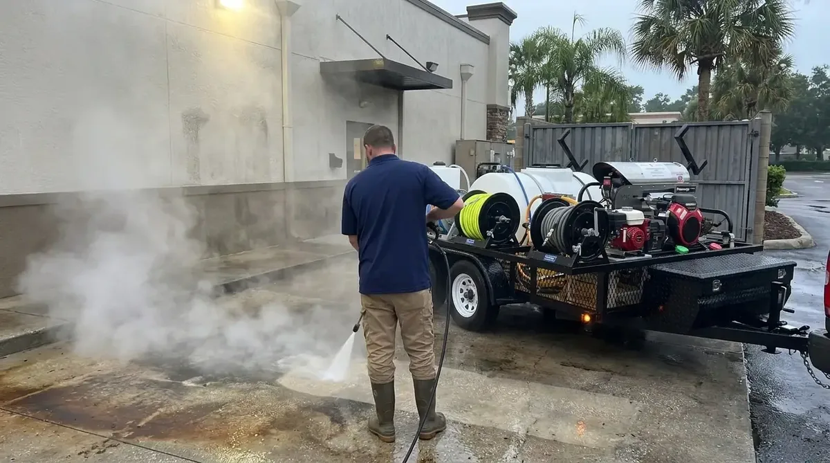 Commercial crew hot water pressure washing a grease-stained pad behind a restaurant in Central Florida