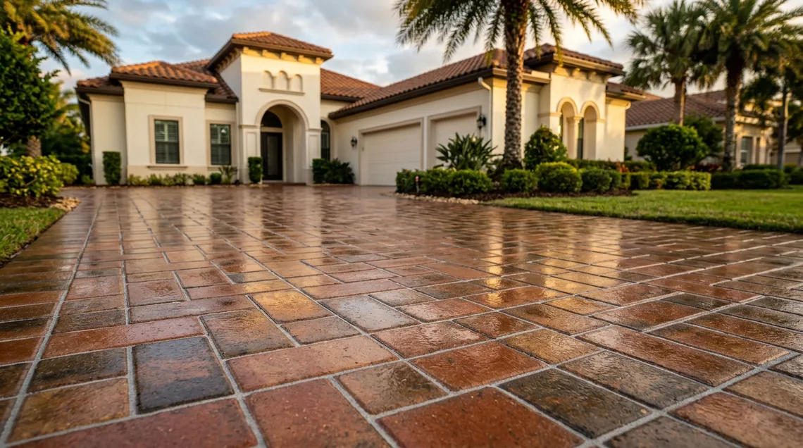 Wet-look sealed brick paver driveway at a Central Florida home
