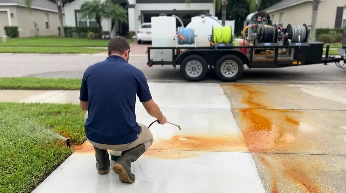 Technician treating orange irrigation rust stains on a concrete driveway in Orlando with the treated section already clean