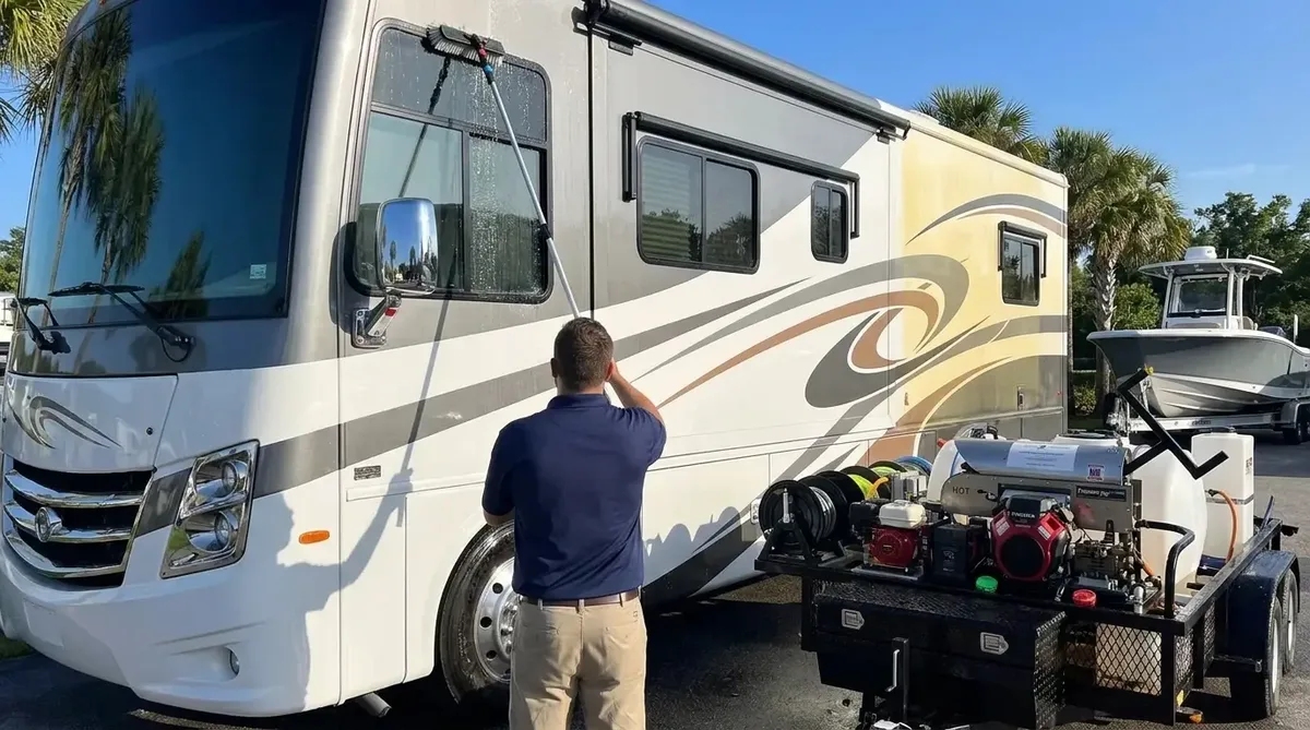 Technician washing a Class A motorhome at a Central Florida storage yard, washed section gleaming next to mildew streaks