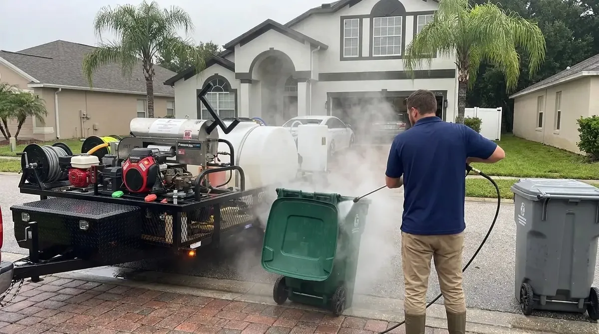 Technician hot water cleaning the inside of a residential trash bin with steam rising in Orlando, FL