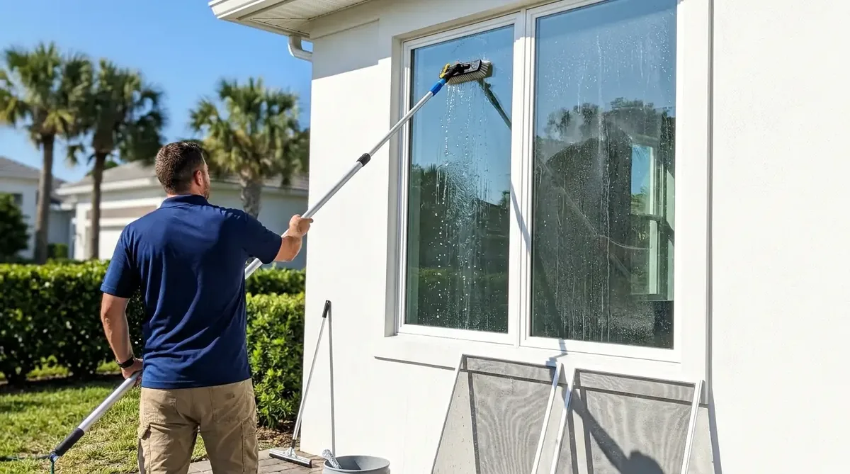 Technician cleaning exterior windows with a water-fed pole on a Florida home, screens removed and leaning nearby